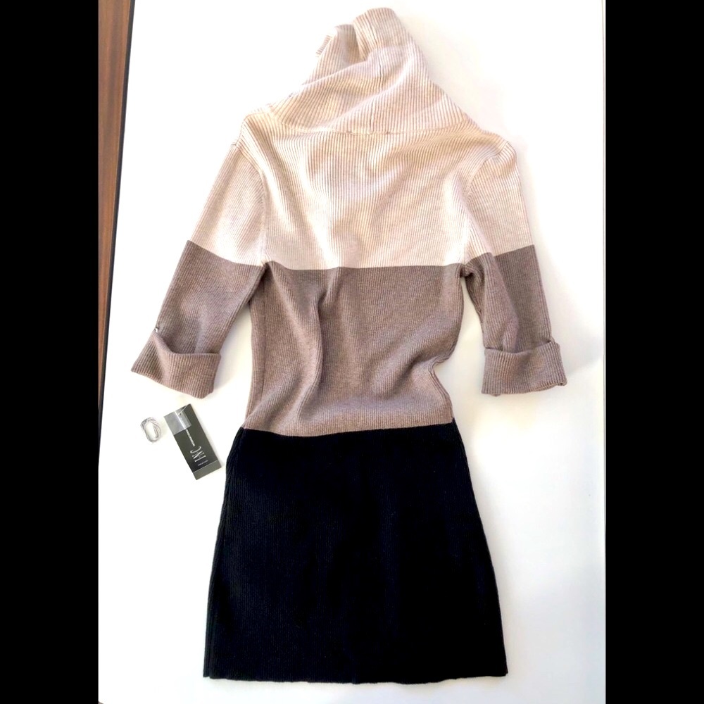 Color block INC rib Knit cowl neckTunic Pockets black beige taupe sizeM